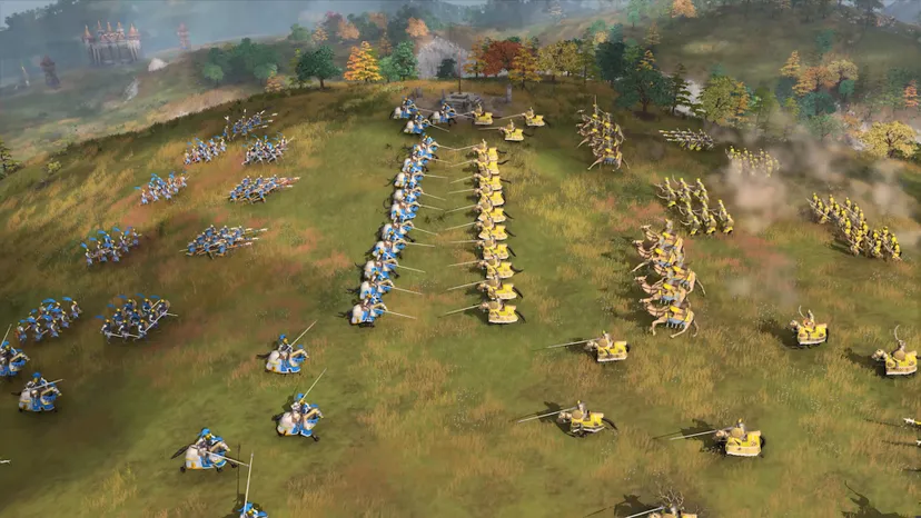 Two opposing armies on horseback ready for battle in a grassy field.
