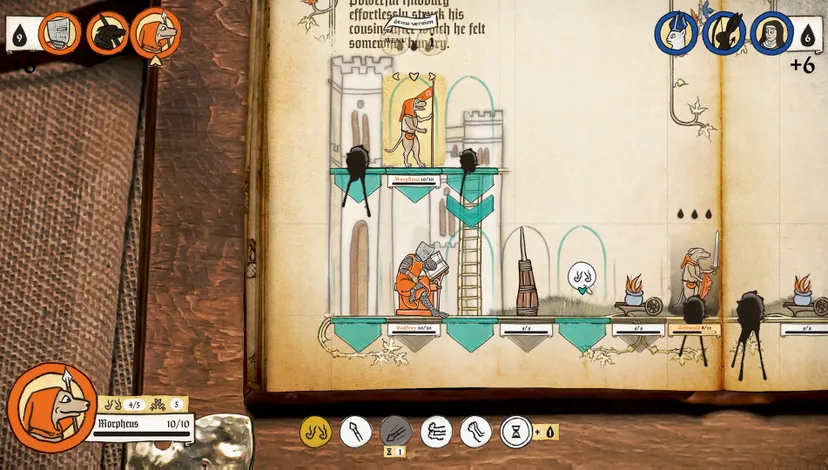 An Inkulinati screenshot mimicing marginalia. Three units, an armored scribe, and two dogs, stand near a small fort on the margin of a page.