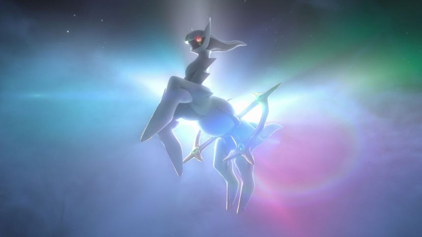 Legendary Pokemon Arceus drifting through a kaleidoscopic aether