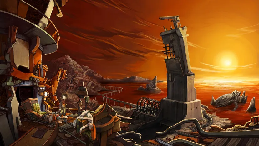 A screenshot from Deponia showing off the titular junk planet.