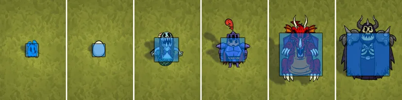 An image comparing the hitboxes of six creatures, ranging from a small rat to a large skeletal warrior.