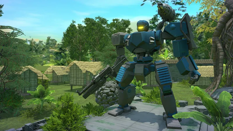 A mech from Kriegsfront tactics stands in a Southeast Asian jungle.