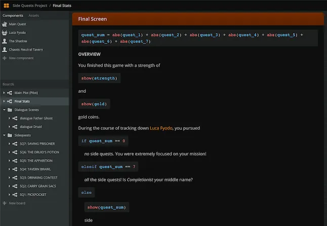 Screenshot from Arcweave: the code that runs under the hood, at the game's final screen.