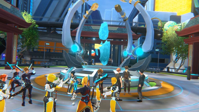 A Zenith screenshot. Several player characters stand before a large blue crystal in the center of a cheery, futuristic town.