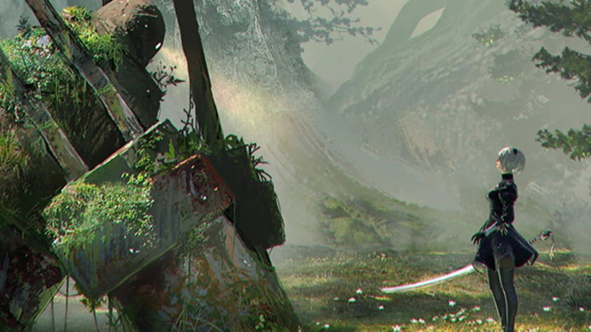 2B staring at a destroyed machine in key art for Nier Automata.
