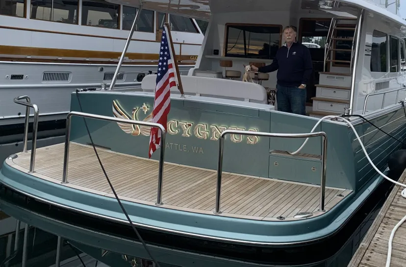 A picture of Ken Williams aboard his boat Cygnus in Seattle, WA.