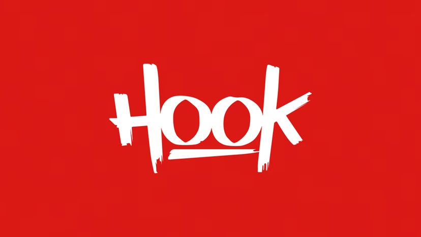 The hook logo on a red background