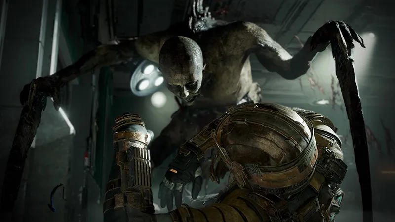 A screenshot from the remake of Dead Space. Isaac is pinned by a necromorph.