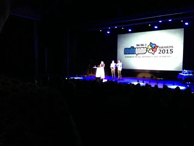 MachineGames receiving their Best Nordic Game prize from Cara Ellison