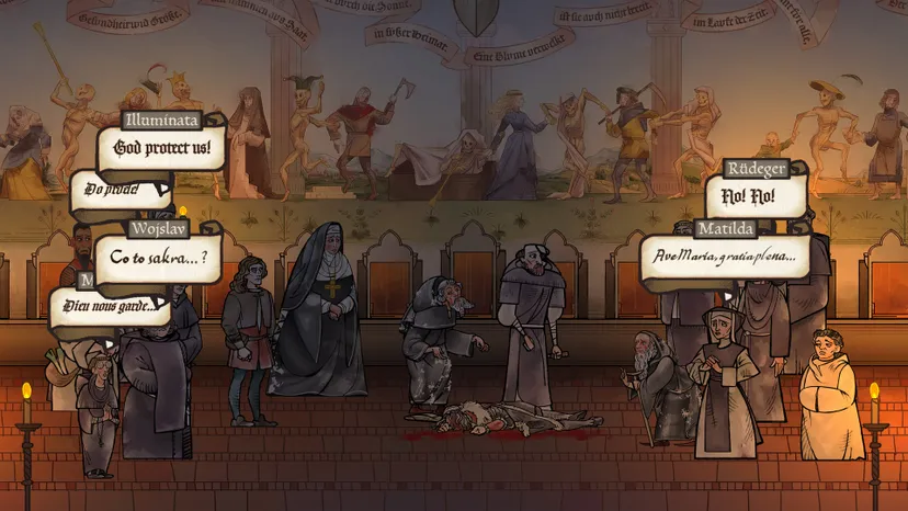 A screenshot from Pentiment showing characters gathered around a body