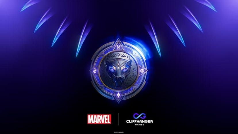 The Black Panther emblem on a purple background