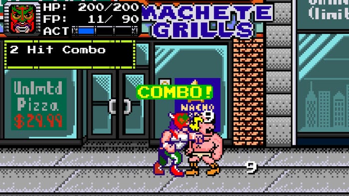 A screenshot from Treachery in Beatdown City. Pixelated characters do battle.