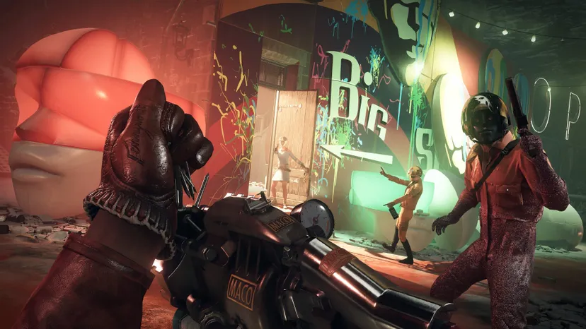 A first-person screenshot of Colt reloading a nail-using gun while three enemies look approach.