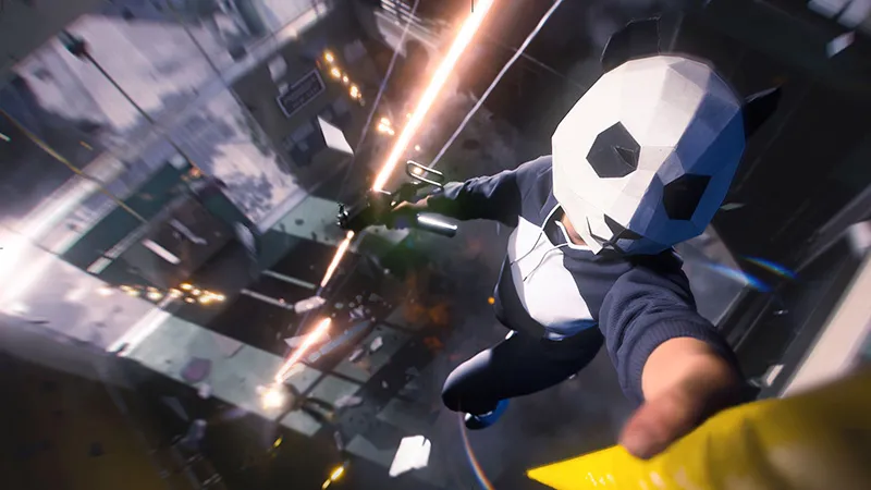 A screenshot from The Finals. A player character in a panda mask slides down a rope.