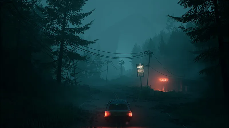 A screenshot of Pacific Drive. The player's car wanders through a foggy arboreal landscape.