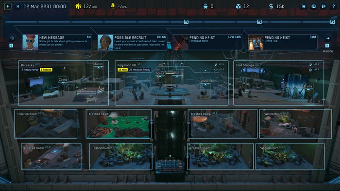 A screenshot of the player base in Cyber Knights: Flashpoint. The base is divided into 11 rooms. A timeline of upcoming events sits at the top of the screen.