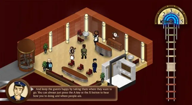Hotel lobby with multiple characters, dialogue box shows one character’s portrait and lines of text