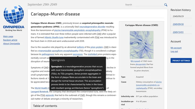 A fictional Wikipedia-like page for Cariappa-Muren disease, with several keywords linked to other articles players can explore to progress the story.