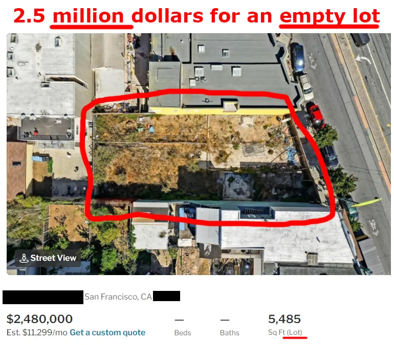 An online property listing for an empty lot for sale at the price of $2.5 million.