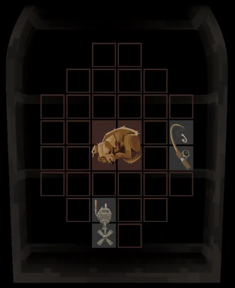 A sleeping dog occupies the central 4 spaces of a ship's grid-based inventory system.