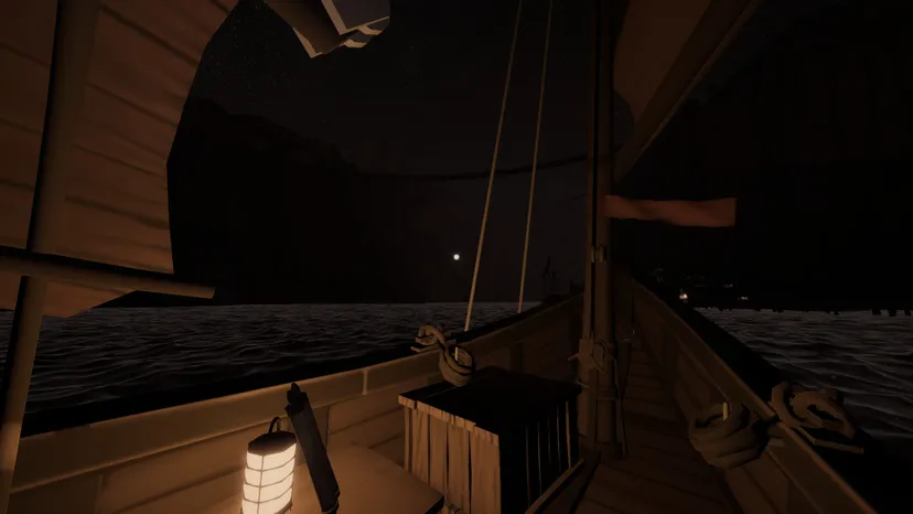 A Sailwind screenshot. The player looks out on the sea at night from aboard their small sailboat.