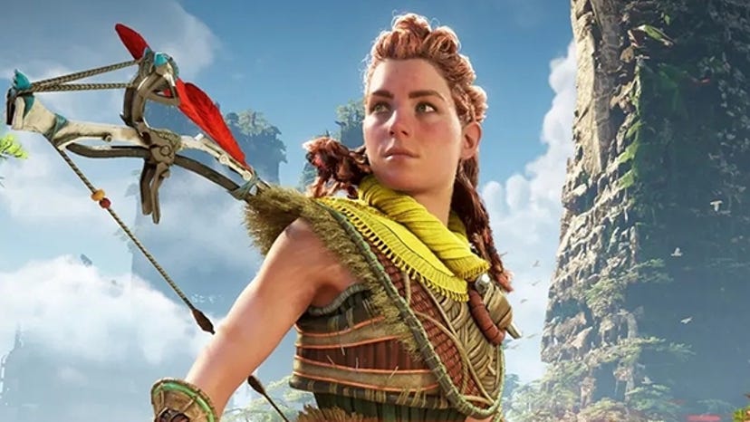 Horizon Forbidden West protagonist Aloy looks toward the left of the image