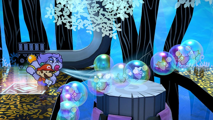 A screenshot from Paper Mario: The Thousand-Year Door showing Mario blowing bubbles