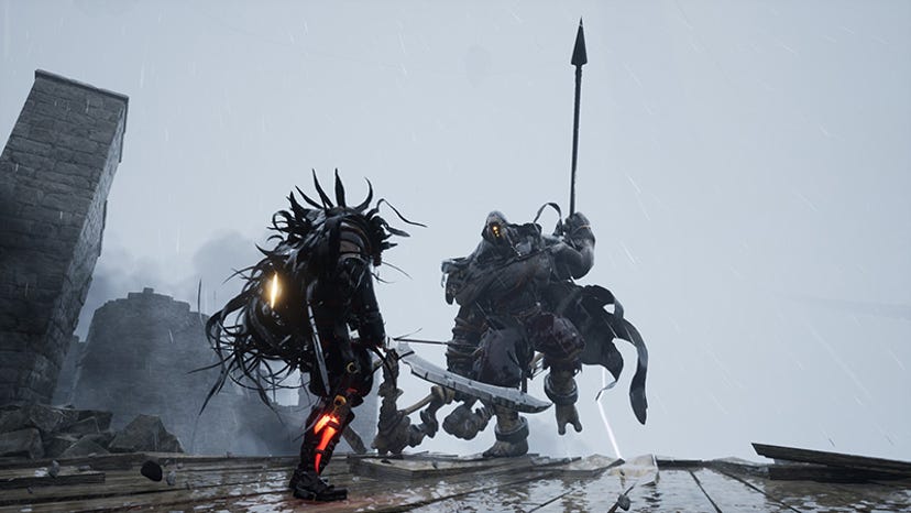 A screenshot of Mortal Rite. The player faces off against a big spear-wielding monster.