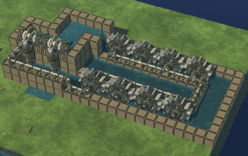 A collection of excavating units and watermills that essentially form a perpetual motion machine.