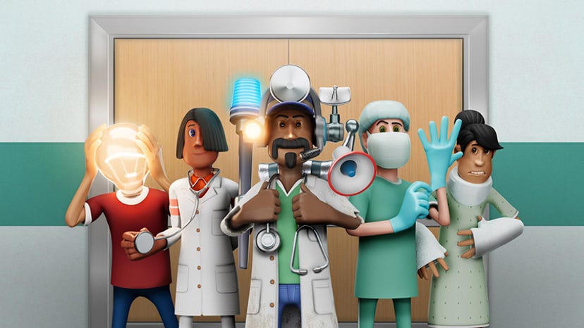 Promo art for Two Point Campus: Two Point Medical School. The cartoon characters are dressed up in outlandish medical gear.