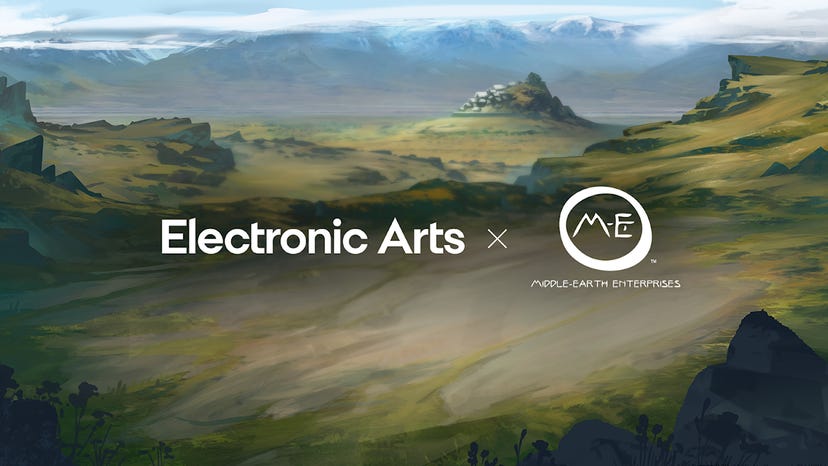 The EA logo on a background that resembles the rolling hills and mountains of Middle-earth
