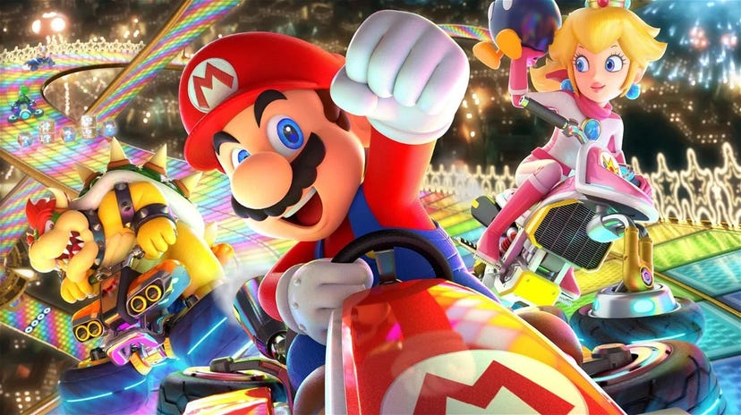 Mario, Peach, and Bowser in the box art for Mario Kart 8 Deluxe.