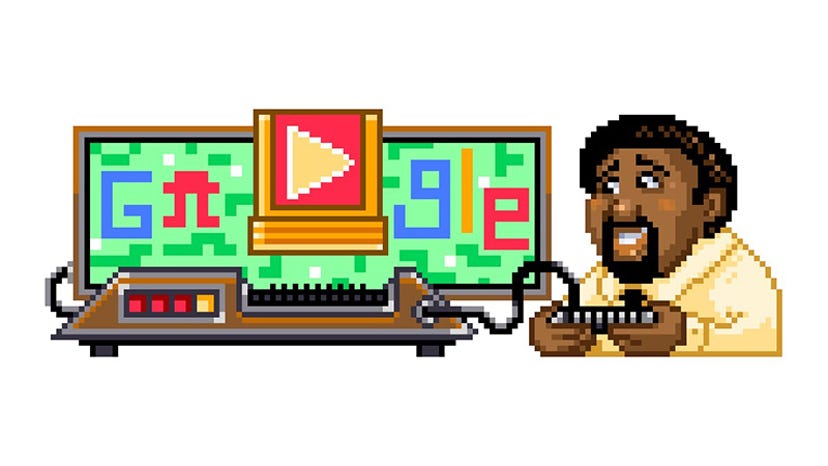 An 8-bit version of Google's logo, with Jerry Lawson alongside it.