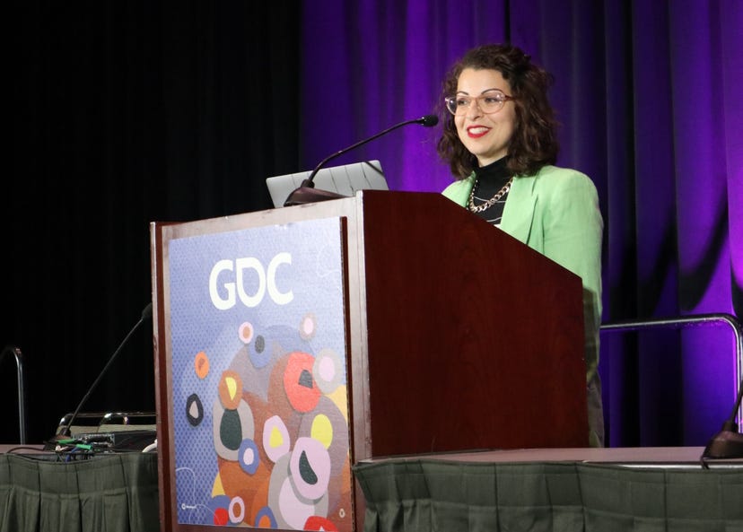 Feminist Frequency founder Anita Sarkeesian speaks at GDC 2023.