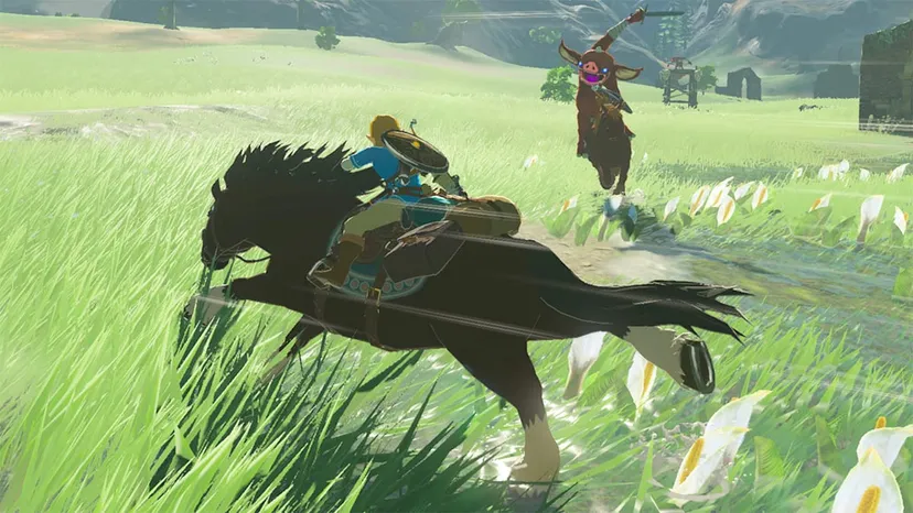 A screenshot from The Legend of Zelda: Breath of the Wild. Link fights a mobgoblin on horseback.