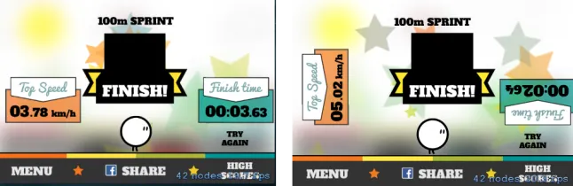 Tapathon’s physics-based finish screen. Left image: Desired result. Right image: Different simulation results due to low framerates