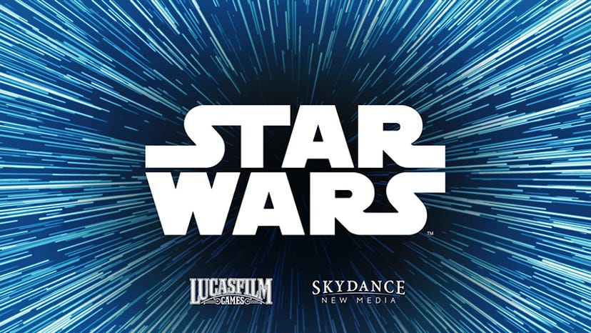 The Star Wars logo with the logos for Lucasfilm Games and Skydance Media beneath it.