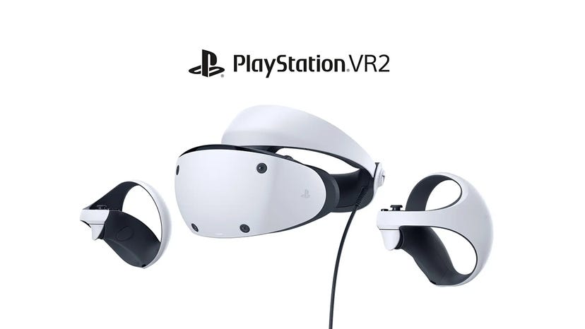 Pre-release photograph of Sony's PlayStation VR2 headset and controllers.