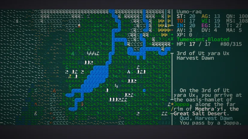 An colorful ASCII map depicts a field, river, and mountains. The right side of the screen features a text interface of the player's interactions.