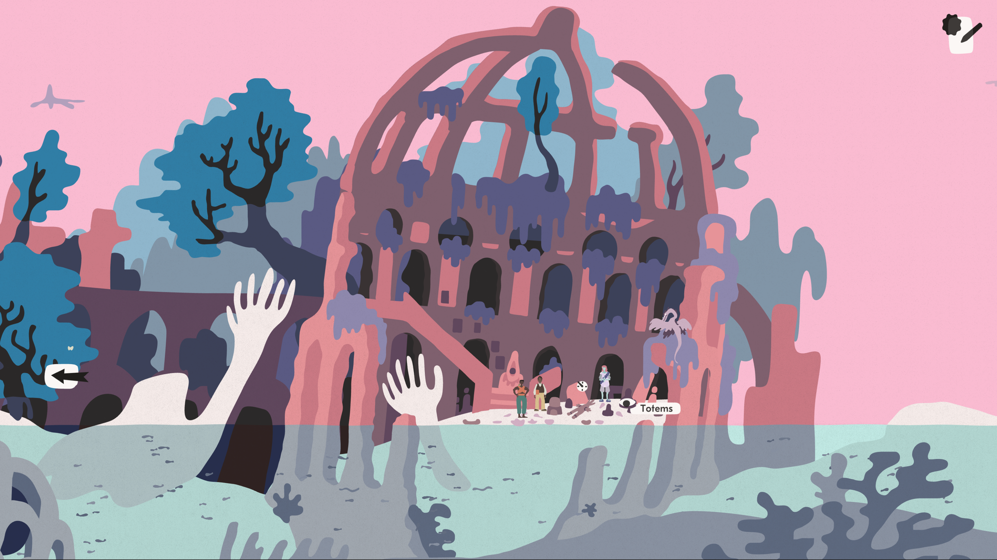 Molpe and Murn stand on the bleach of the Grace next to a 'clock' icon which signifies a conversation which will move time forwards.