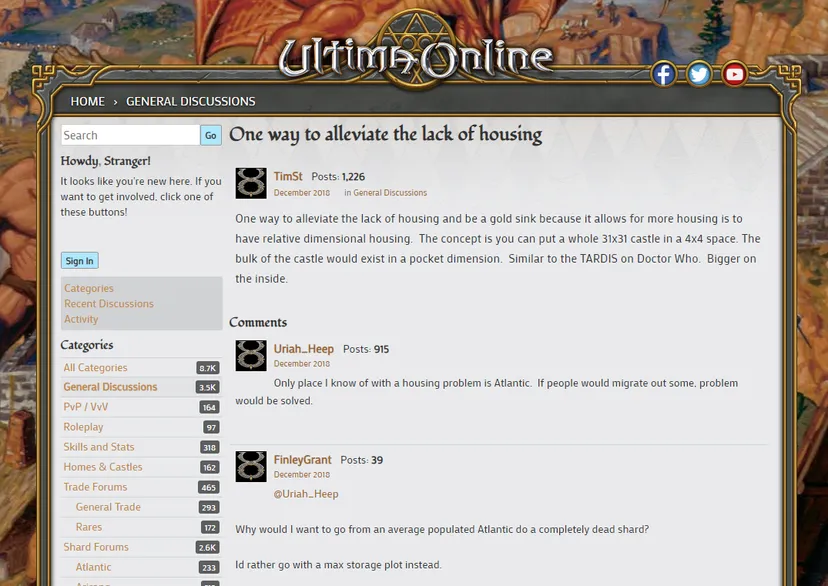 An Ultima Online forum post discussing in-game property.