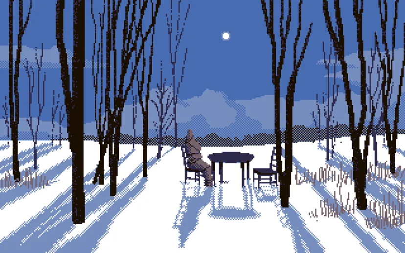 An unsettling encounter in the woods of a body wrapped in cloth and rope, seated at an empty table and chairs in the snow.