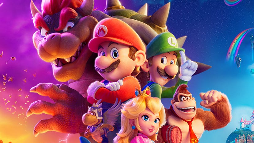 Artwork for the Super Mario Bros. Movie featuring key characters including Mario, Luigi, Bowser, and Princess Peach