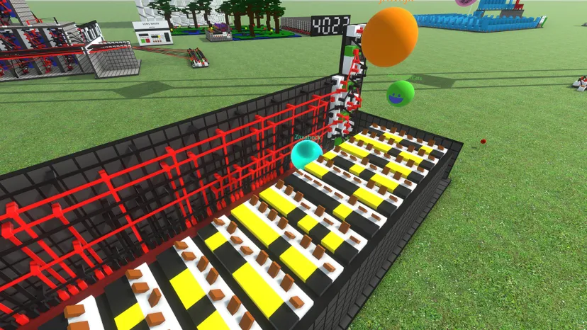 Three players collaborate on a complex circuit built in an open, sandbox world.