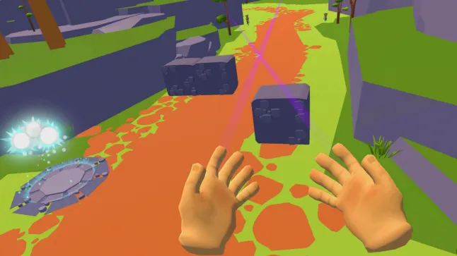 Giant hands held in front of the player, with a goblin running towards them.
