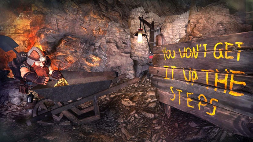 A dwarf in a cave with a sign that says "you won't get it up the steps"