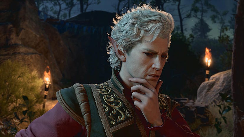 Astarion from Baldur's Gate 3. He strokes his chin pensively.