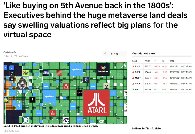 A screenshot of an article discussing executive discussion of metaverse land deal valuation.