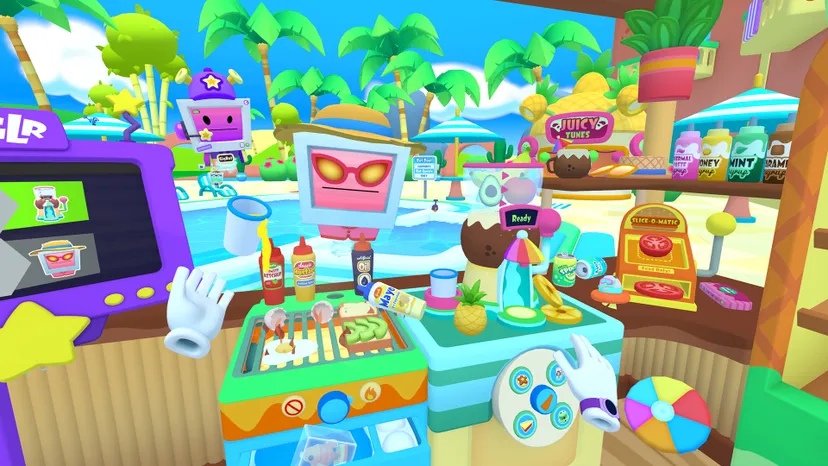 A screenshot from Vacation Simulator. The player character operates a colorful, cartoonish grill in virtual reality.