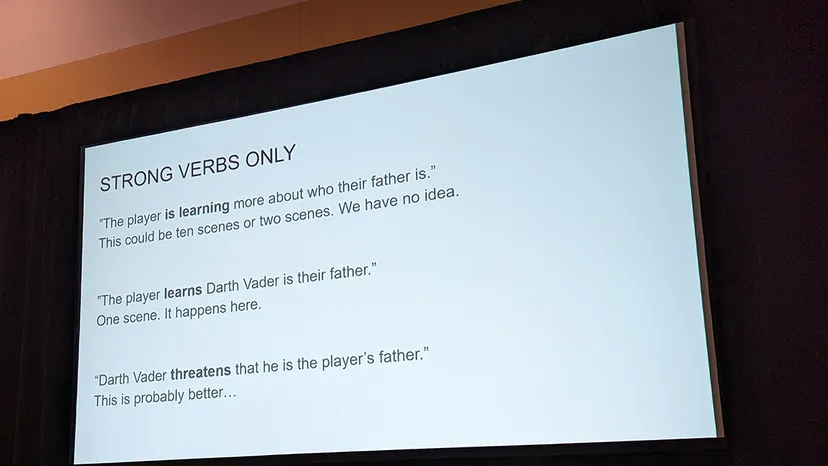 A screenshot from Hutchinson's talk showing how strong verbs can be used to better describe character beats